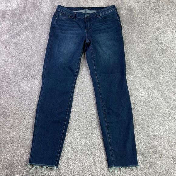PrAna Jeans Women’s 29X28.5 Blue Dark Wash Skinny Leg Frayed Hem Low Rise - Picture 1 of 12